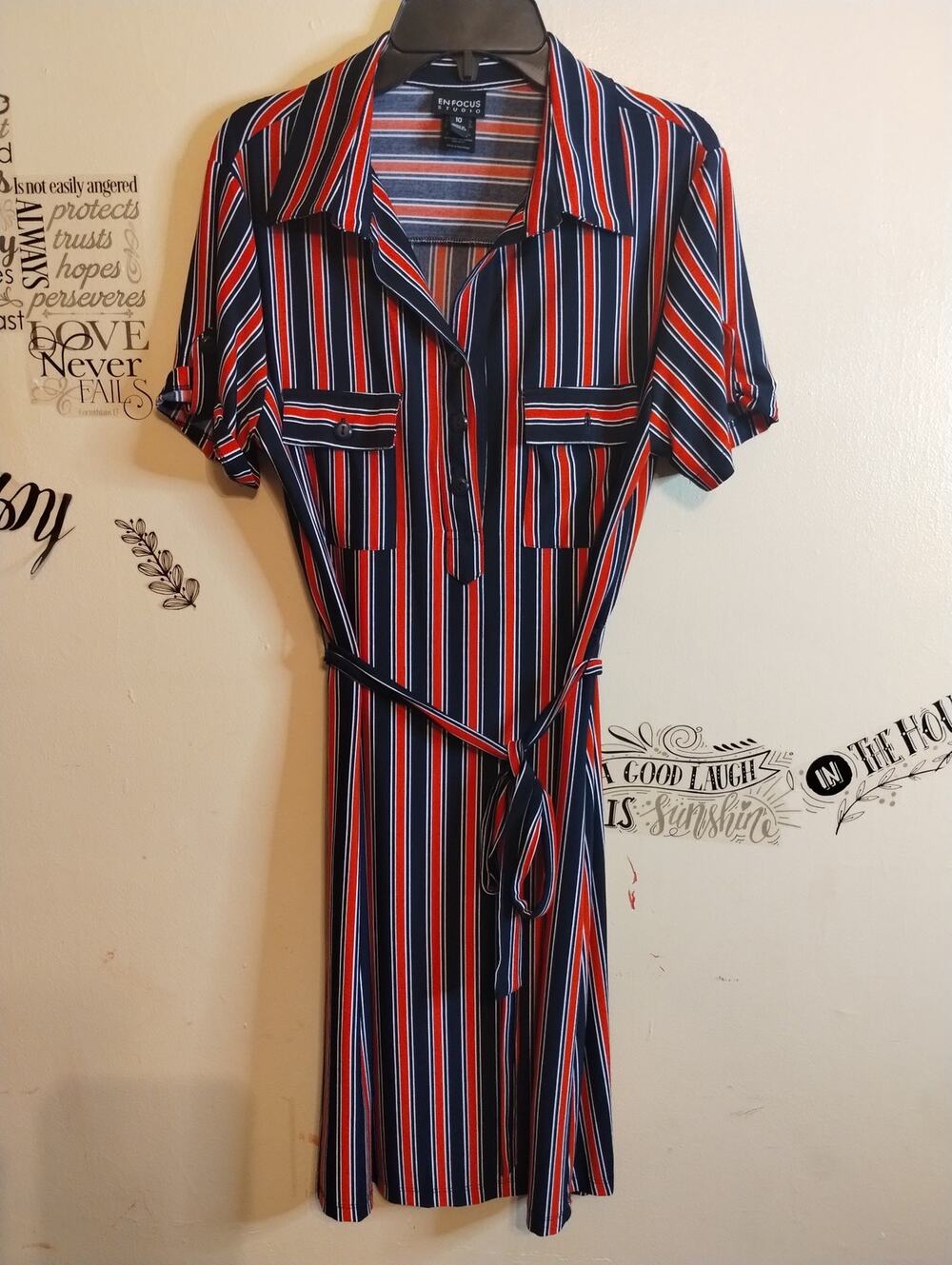 En Focus Studio Size 10 Collared Shirt Dress Belted Red & Dark Navy Striped